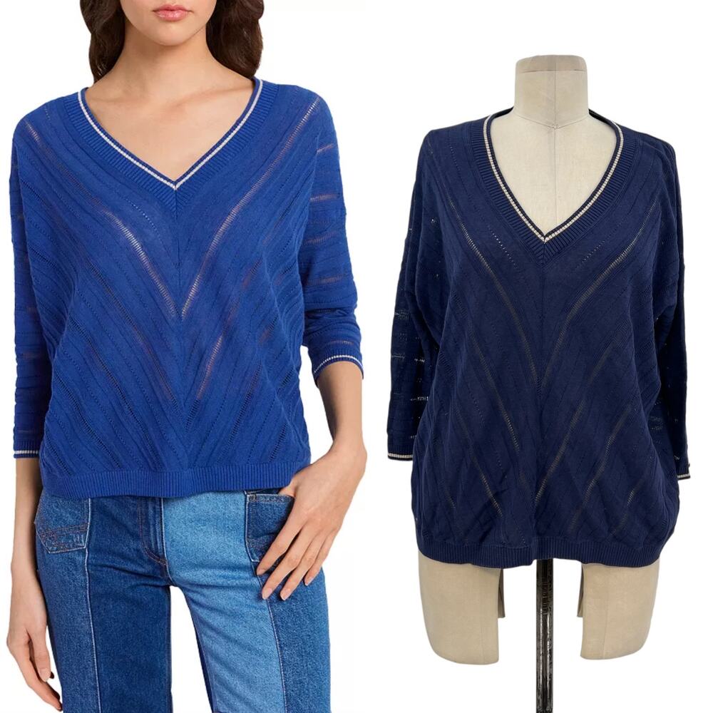 Gerard Darel Laelia Sweater Linen Cotton Pointelle Blue Gold‎ Size 2 US Medium